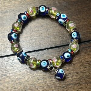 Evil Eye Glass Bead Stretch Bracelet - Navy & Lime